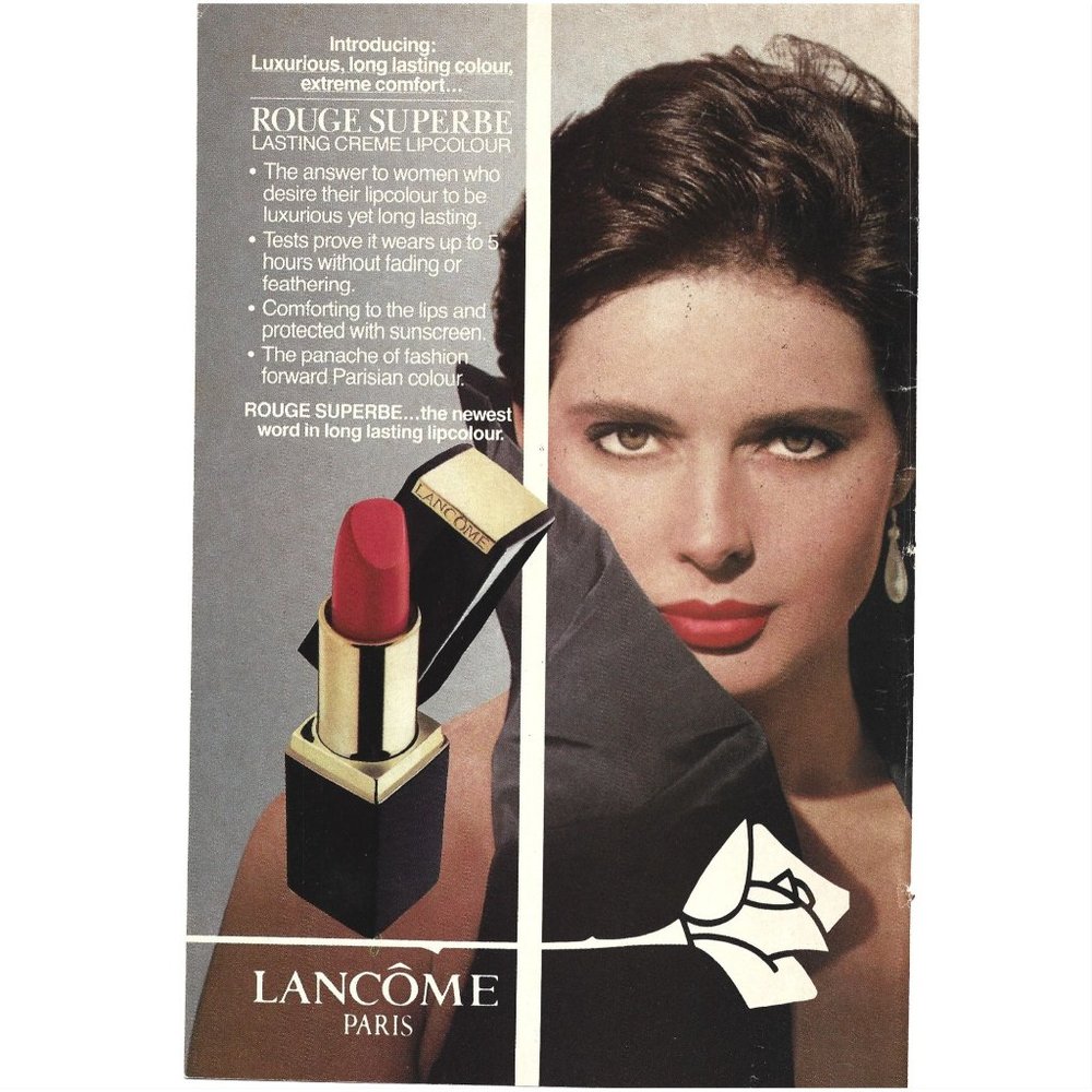 Lacome Paris Isabella Rossellini Lipstick 1990s Vintage Print Ad 8 inch Tall